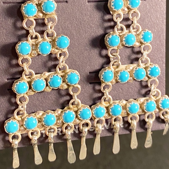 Sylvia Chee Zuni Kingman Turquoise Sterling Silver Chandelier Earrings - Picture 7 of 9